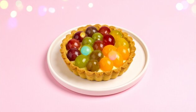 Jewel-Toned Rainbow Fruit Tartlet on a Whimsical Pink Background with Festive Bokeh