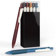Pack of colorful ballpoint pens in black box with transparent lid, isolated on white background. Perfect stationery for school, office, study and business supplies.