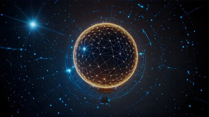 Dynamic digital globe with glowing network connections and vibrant blue light trails symbolizes global connectivity and technological advancement in a modern, abstract space.