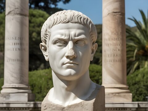Marble bust of roman emperor constantine the great with columns and greenery