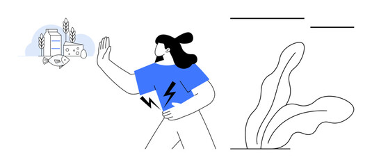Woman gesturing stop towards dairy, fish, and wheat products. Ideal for allergy prevention, dietary restrictions, health awareness, food choice, nutrition advice, self-care simple flat metaphor