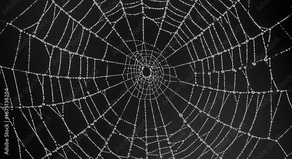 Wall mural a spiderweb covered in water droplets against a dark background creating a delicate pattern of lines