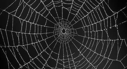 Obraz premium A spiderweb covered in water droplets against a dark background creating a delicate pattern of lines