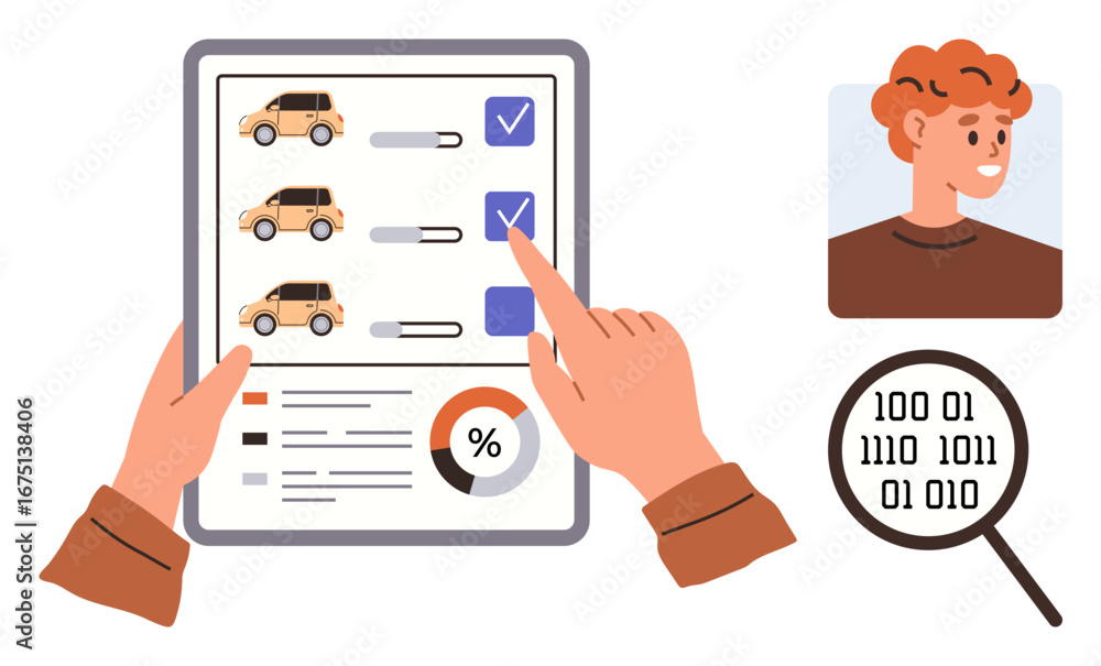 Poster hands interacting with a tablet displaying car options, checkboxes, graph user profile and magnifyin