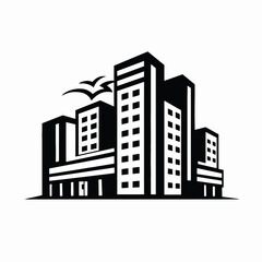 Obraz premium Striking modern city buildings with bird flock soaring up high silhouette