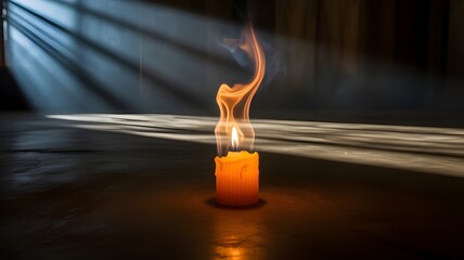Single lit candle with dramatic light rays and smoke in a dark room
