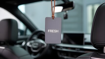 Car freshener hanging from the rearview mirror inside a modern vehicle