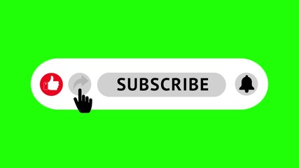 Animation of subscribe button featuring like, share, bell icons on green screen background. Perfect for YouTube creators promoting channels, boosting engagement, encouraging viewer subscriptions.