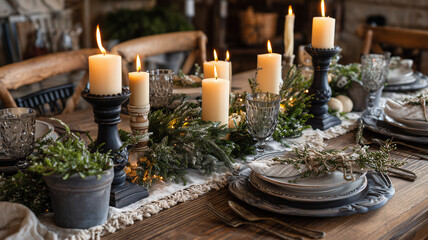 Festive holiday dining table setup with candles and greenery