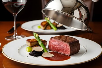 Gourmet Steak Dinner with Red Wine and Silver Cloche in Fine Dining Restaurant