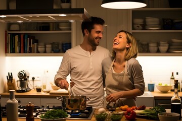 Happy couple cooking together in a modern kitchen at home smiling and laughing