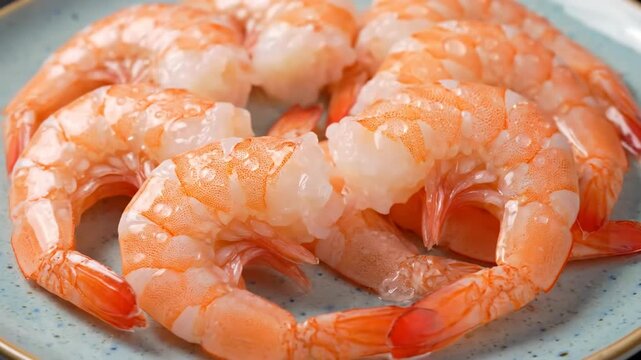 Fresh Cooked Shrimp Top View - Close-up top view of several peeled and deveined shrimp arranged on a speckled blue plate. The shrimp are cooked and appear moist and succulent, ready to be served.