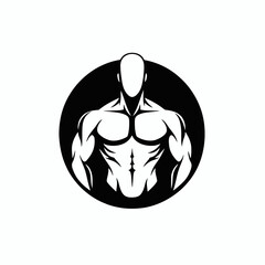 Striking muscular bodybuilder in black circle on white backdrop silhouette
