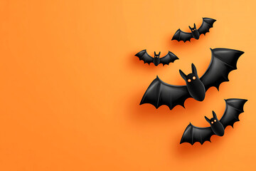 Bats flying on orange background, spooky Halloween minimal concept.