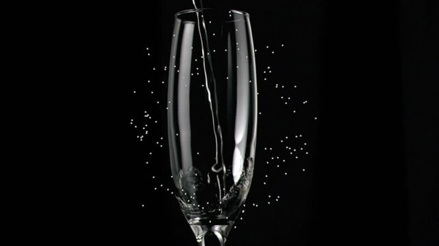 Flute glass remaining still before slender liquid stream pouring demonstrating filling process