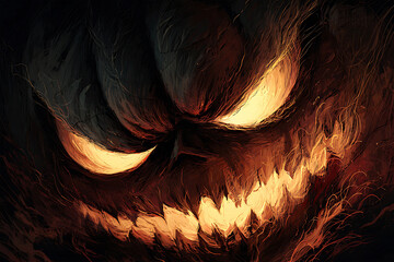 Fiery glowing pumpkin face with smoke, scary Halloween spooky background.