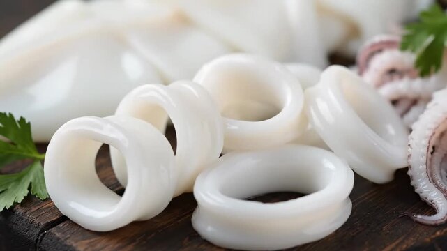 Fresh Squid Rings and Tubes on Wooden Board - Close-up top view of fresh, raw squid rings and tubes arranged on a dark wooden cutting board, garnished with a sprig of parsley.