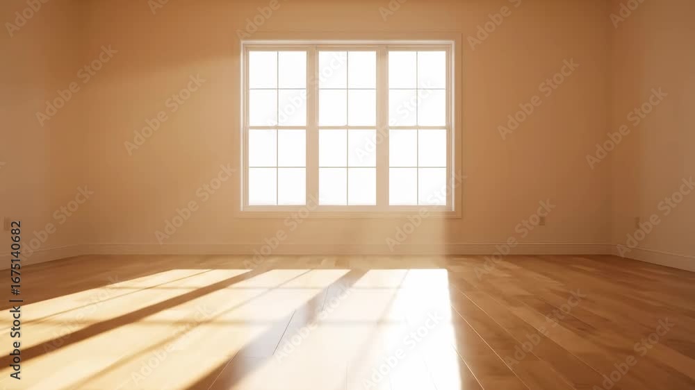 Poster sunlit empty room with hardwood floor - sunlight streams through a large window in an empty room, il