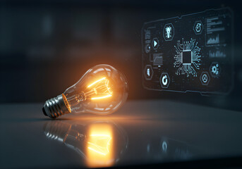 Glowing lightbulb illuminates futuristic tech interface, symbolizing innovation and bright ideas for business
