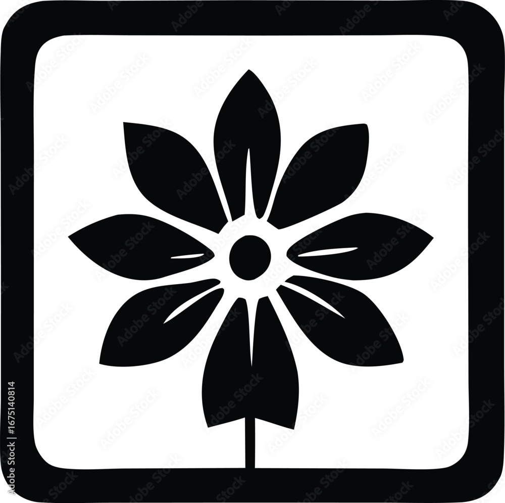 Poster simple black and white stylized flower icon inside a square border for design projects and decorativ