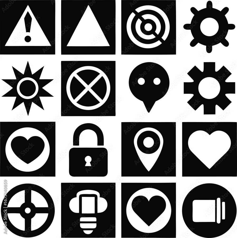Poster collection of 16 black and white icons featuring geometric shapes symbols and navigation elements fo