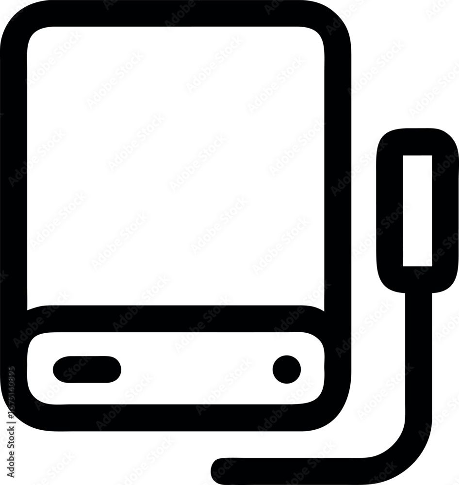 Poster minimalist line art icon of a portable external hard drive for data storage and digital backup, isol