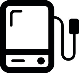 Minimalist black line icon of a portable digital device with a connected cable, representing mobile technology and connectivity
