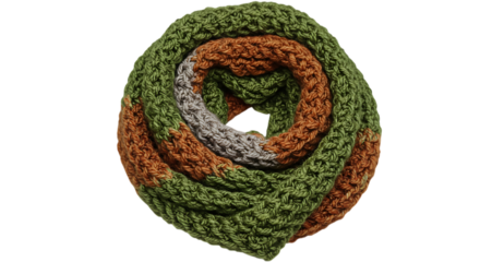 Colorful Knitted Scarf Rolled Up in Green Orange and Grey