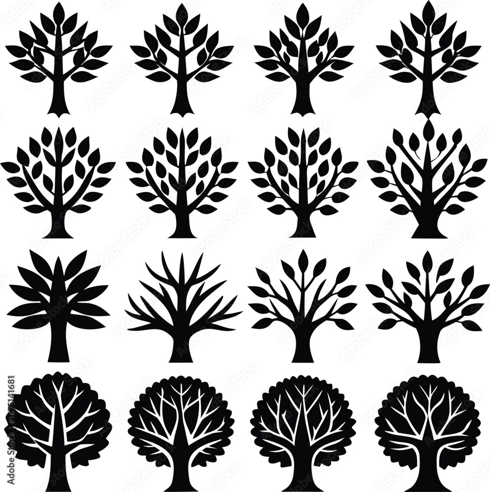 Poster collection of diverse stylized silhouette trees featuring various branching patterns and leaf design