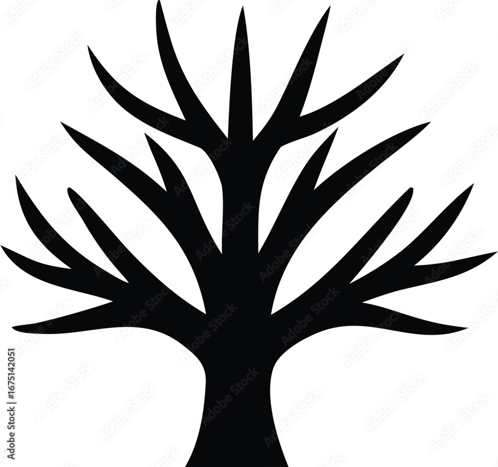 Poster silhouette of a bare tree with jagged branches symbolizing winter or autumn in a stark graphic style