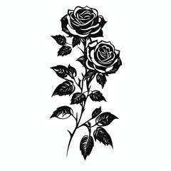 Two elegant rose blossoms gracefully depicted in striking black silhouette