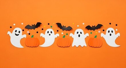 Obraz premium Halloween flat lay with ghosts, pumpkins, and bats on an orange background, perfect for spooky designs and adding a festive touch to your projects