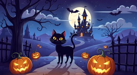 Fototapeta premium Halloween night scene with black cat, spooky castle, pumpkins and full moon for festive designs, invitations, cards, posters, textile and wrapping paper