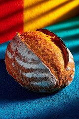 Freshly baked rustic bread on a vibrant blue and red background.
