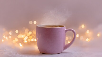A cozy, warm, pastel pink mug of steaming hot beverage sits amidst a soft, glowing bokeh of fairy lights, evoking a sense of peaceful tranquility.