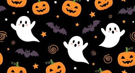 Seamless halloween pattern with pumpkins, ghosts, and bats on a black background, ideal for textile, fabric, and wrapping paper designs