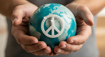 A person's hands carefully holding a globe with a peace symbol, celebrating the International Day of Peace and world unity