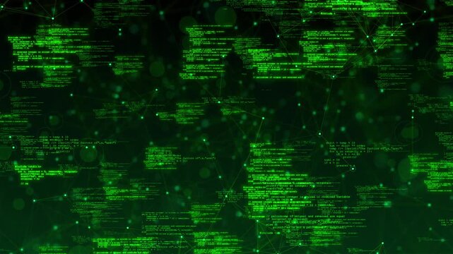 Video of digital plexus grid coding featuring glowing green lines, programming text, connected nodes, futuristic cyber network design for data science, AI, blockchain, cybersecurity, research visuals.
