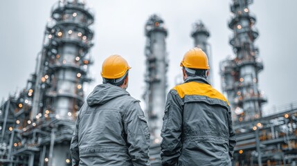 Two workers in safety gear face away from camera, overlooking a large industrial plant