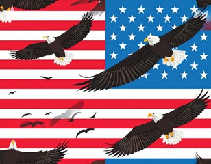 Fototapeta premium Majestic Bald Eagles Soaring Above the American Flag us background