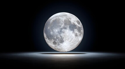 A full moon, bathed in soft light, hovers majestically above a dark, empty space.