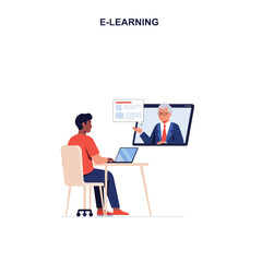 Flat vector illustration of e-learning concept with student attending online class on laptop with virtual teacher, digital education