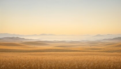 Obraz premium Golden Wheat Field With Distant Mountains Under Warm Light