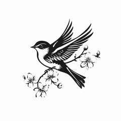 Obraz premium Graceful bird perched on cherry blossom branch, detailed vector silhouette