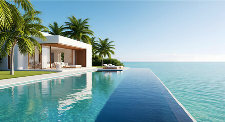Obraz premium Stunning modern villa with infinity pool overlooking the tranquil turquoise ocean, the ultimate tropical vacation getaway concept
