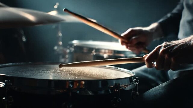 Rhythmic Expression: Capturing the raw energy of a drummer, hands wielding drumsticks in a dynamic performance of musical passion, resonating sound.