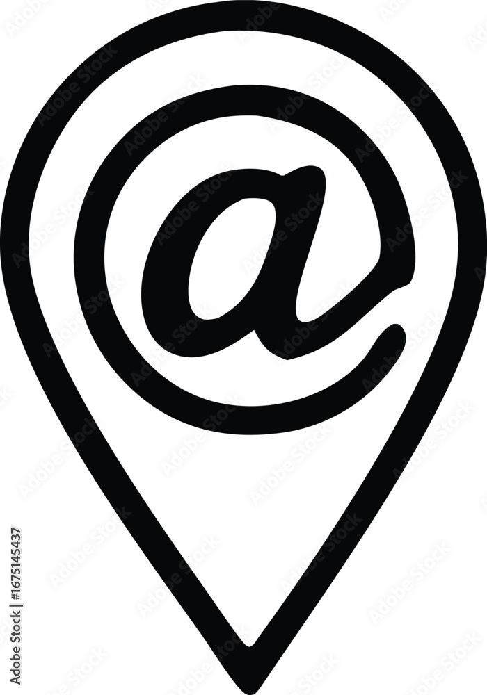 Poster location pin with at symbol inside for contact information and online presence branding symbolizing 