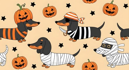 A halloween themed pattern featuring dachshund dogs in various costumes and pumpkins on a light orange background, perfect for a festive design