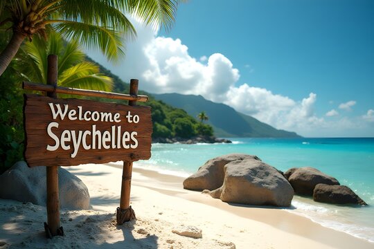 Welcome to Seychelles – beachside bamboo sign on Anse Source d’Argent with granite boulders, cinematic 4K.