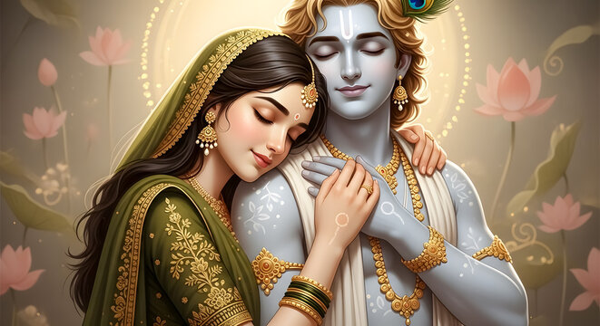 Devotional embrace Radha Krishna sharing tender loving moments serene atmosphere